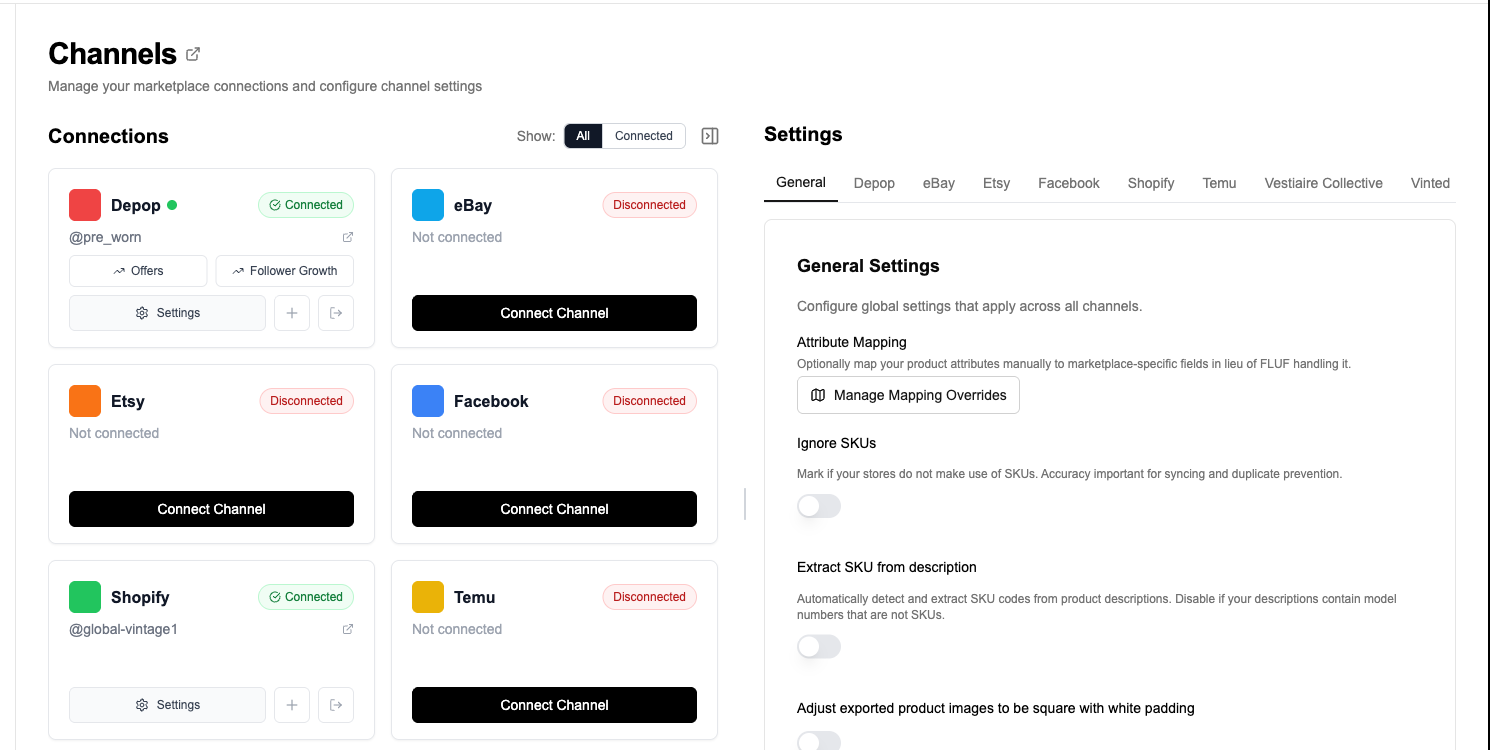 FLUF Connect dashboard showing Vinted and Whatnot connected alongside other marketplaces