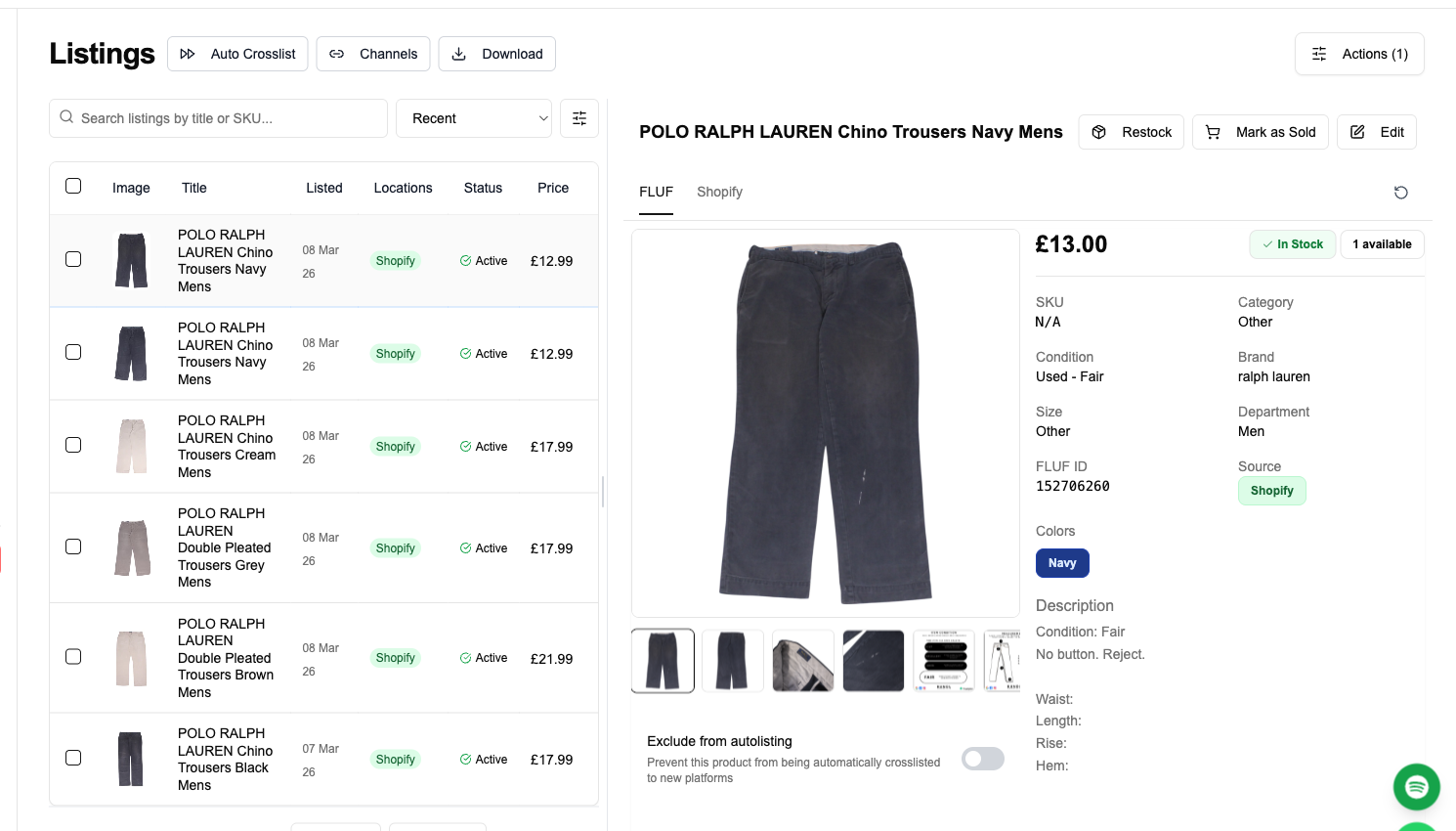FLUF Connect listings dashboard with Smart Pricing suggestions powered by Circulaire market data